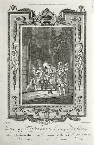 Gripande av Guy Fawkes för försök att spränga parlamentets hus i krutplanen, 5 november 1605 (gravyr) av English School