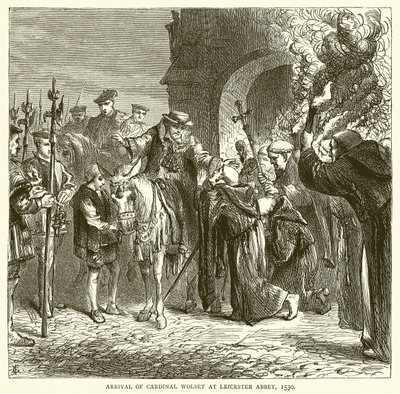Kardinal Wolseys ankomst till Leicester Abbey, 1530 av English School