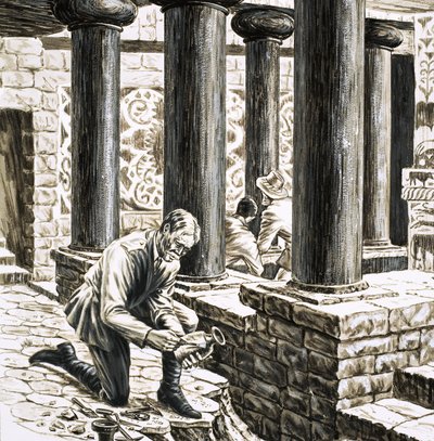 Arthur Evans utforskar resterna av det antika minoiska palatset i Knossos av English School