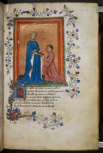 Arundel 38 f.37 Thomas Hoccleve presenterar sin bok `Regement of Princes