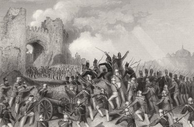 Assault of Delhi och Capture of the Cashmere Gate den 14 september 1857, från "The History of the Indian Mytery" publicerad 1858 av English School