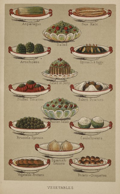 Blandade rätter med grönsaker, från "Mrs Beetons Family Cookery and Housekeeping Book", av Isabella Mary Beeton av English School