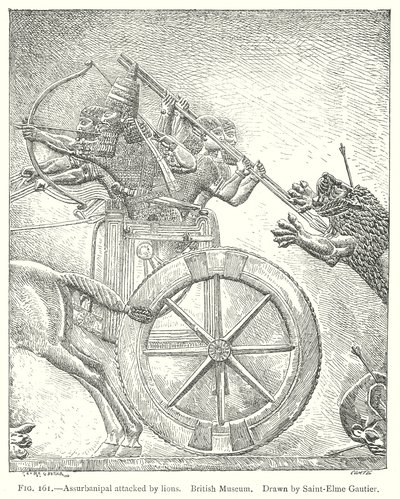 Assurbanipal attackerad av lejon. British Museum (gravyr) av English School