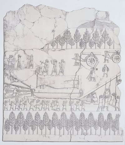 Assyrier flyttar en bevingad tjur på en släde, från Nineveh and its Remains av Austen Henry Layard (1817-94) publicerad 1849 av English School