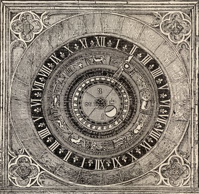 Astronomisk klocka i Hampton Court Palace, från History of Hampton Court Palace i Tudor Times av Ernest Law, publicerad London 1885 av English School