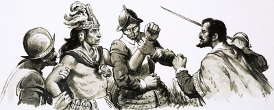 Atahualpa, mfalme-mungu wa Inka, alikuja kukutana na Wahispania waliovamia kwa njia ya kirafiki. av English School