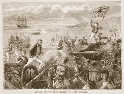 Attack of the Blue-jackets on Port Jacotel, illustration från Cassells Illustrated History of India av James Grant, pub. 1879 av English School