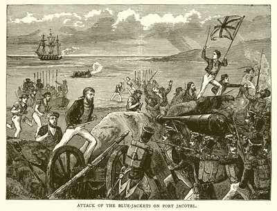 Attack av de blå jackorna på hamn Jacotel av English School
