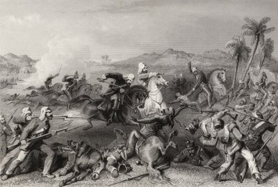 Attack på Sealcote-myteristerna av general Nicholsons irreguljära kavalleri 1857, från "The History of the Indian Mytery" publicerad 1858 av English School
