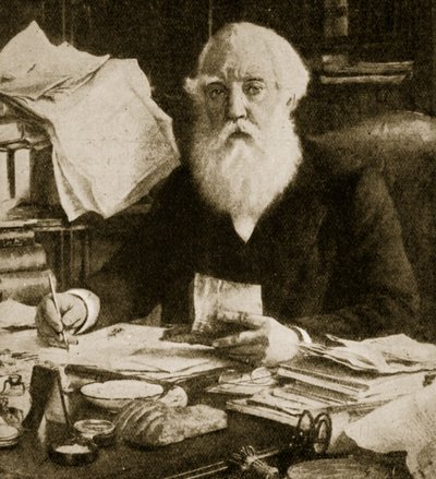Austen Henry Layard sitter vid sitt skrivbord av English School