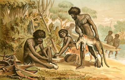 Australiska aboriginer förbereder en måltid av English School