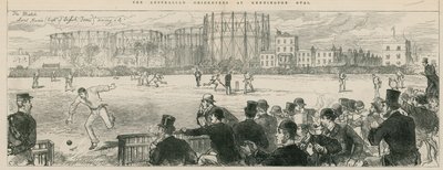 Australian Cricketers på Kennington Oval: Lord Harris (kapten för det engelska laget) räddar en fyra av English School