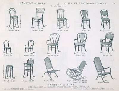 Österrikiska Bentwood-stolar från Hampton and Sons Möbelkatalog, 1902, svartvit gravyr av English School