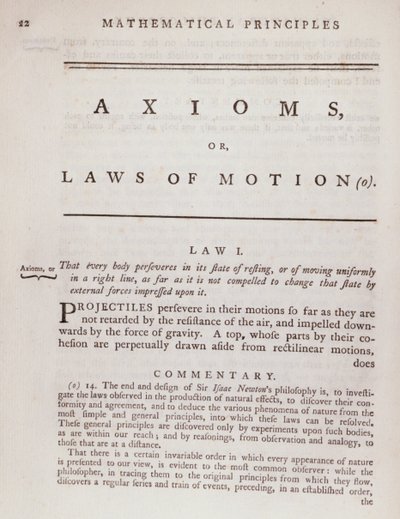 Axiom, eller rörelselagar, från volym I av The Mathematical Principles of Natural Philosophy av Sir Isaac Newton (1642-1727) 1777 av English School