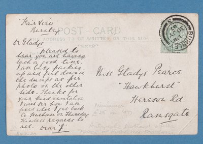 Baksidan av Jim Hogan vykort, 1907 (par 315183) av English School