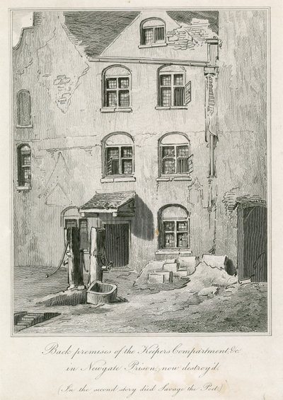 Baksidan av Keepers Compartment i Newgate Prison. I den andra historien dog poeten Richard Savage av English School