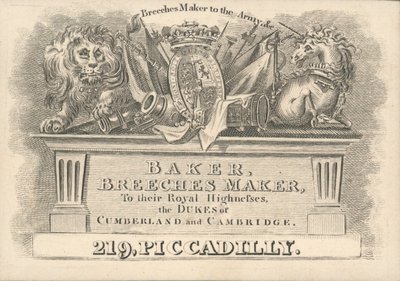 Bagare, byxmakare, 219 Piccadilly, byteskort av English School