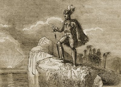 Balboas första syn på Stilla havet 1513, illustration från "Tales of Travellers or A View of the World", publicerad 1838 (litho) av English School