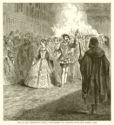 Bal på Old Greenwich Palace.--Kung Henry VIII dansar med Anne Boleyn, 1527 av English School