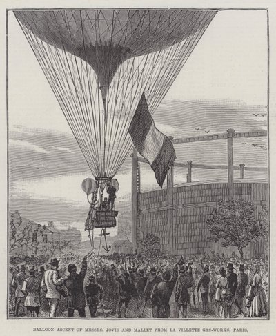 Ballongbestigning av Messers Jovis och Mallet från La Villette Gas-Works, Paris (gravyr) av English School