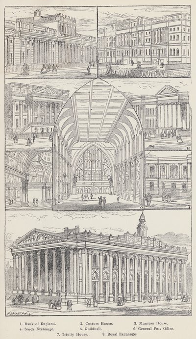 Bank of England, Custom House, Mansion House, Stock Exchange, Guildhall, General Post Office, Trinity House, Royal Exchange (gravyr) av English School