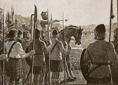 Bannockburn: Bruce granskar sina trupper före strid, illustration från Cassells Illustrated History of England (sepiafoto) av English School