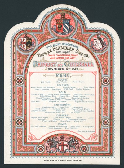 Bankett i Guildhall, 9 november 1877, meny av English School