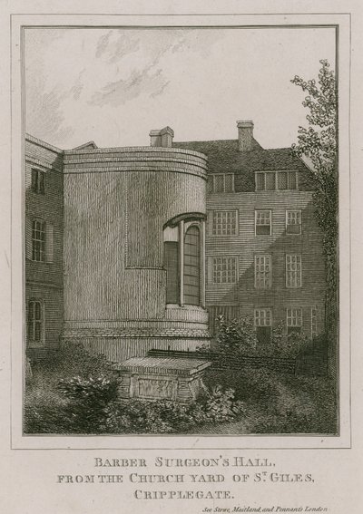 Barber Surgeons Hall, Monkwell Street, London, sett från kyrkgården i St Giles, Cripplegate av English School