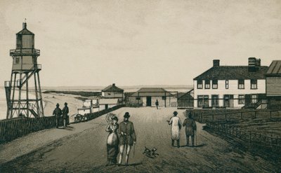 Badhus och sandstrand, Dovercourt (litografi) av English School