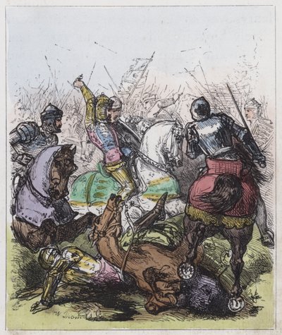 Slaget vid Agincourt (färgad gravyr) av English School