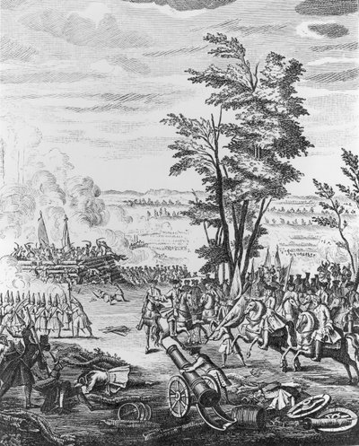 Slaget vid Malplaquet, 11 september 1709, från "History of Queen Anne", 1740 av English School