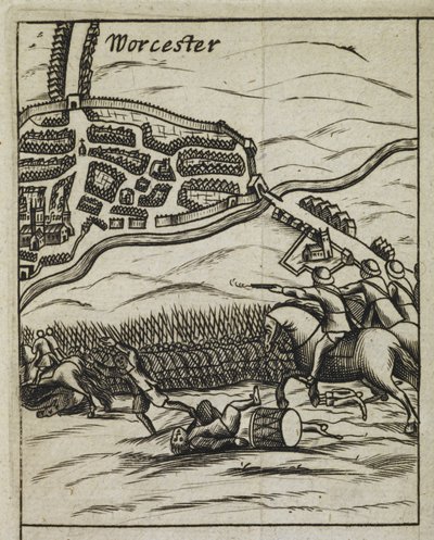 Slaget vid Worcester-scenen, från "The History of his Sacred Majestys most Wonderfull Preservation, after the Battle of Worcester" av English School