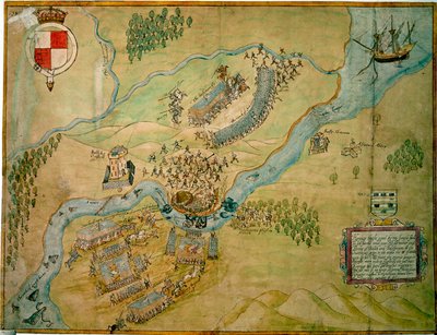 Slaget vid Erne Ford 1593 (penna och bläck med tvätt på papper) av English School
