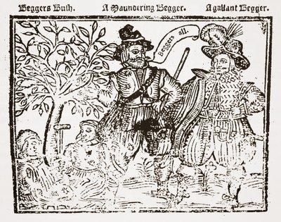 Beggars All: Beggars Bush, a Wandering Beggar and a Gallant Beggar, titelsida till The Praise, Antiquity and Commodity of Beggary, Beggars and Begging av English School