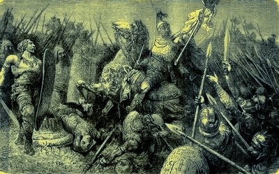 Belisarius leder den romerska armén mot goterna, illustration från The Illustrated History of the World, publicerad ca 1880 (digitalt förbättrad bild) av English School