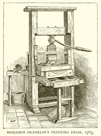Benjamin Franklins tryckpress, 1785 av English School