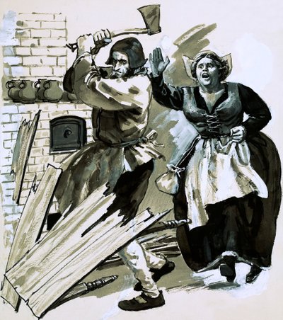 Bernard Palissy höll igång sina ugnar genom att hugga upp sina möbler och golvbrädor (gouache på papper) av English School