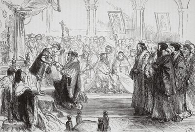 Beza presenterar den franska protestantiska kyrkans bekännelse för kungen vid Poissy-kollektionen, illustration från The History of Protestantism av James Aitken Wylie (1808-1890), pub. 1878 (eng av English School