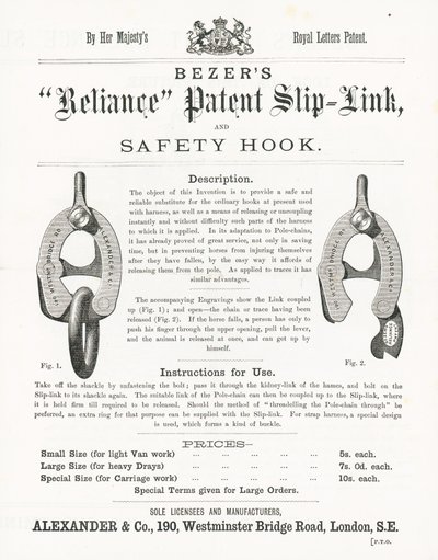 Bezers Reliance Patent Slip-Link och säkerhetskrok av English School