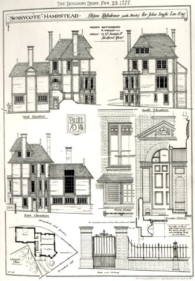 Bijou Residence Sunnycote, Hampstead, (med studio) för John Ingle Lee Esq, från The Building News, 23 februari 1877 News, 23 februari 1877 av English School