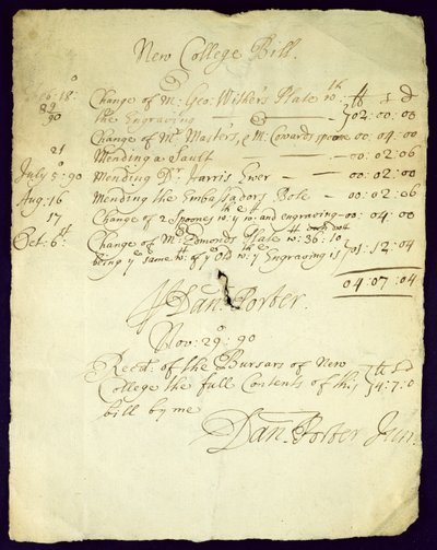 Bill från Daniel Porter till New College, 1690 av English School