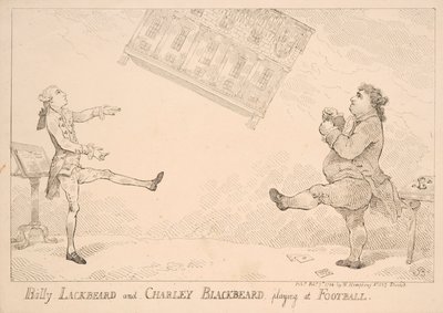 Billy Blackbeard und Charley Blackbeard spielen Fußball, satirische Karikatur zum East India Bill, veröffentlicht von W. Humphrey, 1744 von English School