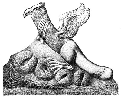 Fågel med utbredda vingar och fallisk svans som sitter på fyra ägg, gallo-romersk skulptur från Nimes i Frankrike av English School