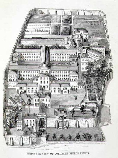 Fågelperspektiv över Coldbath Fields Prison, från "The Criminal Prisons of London and Scenes of Prison Life" av Henry Mayhew (1812-87) och John Binny av English School
