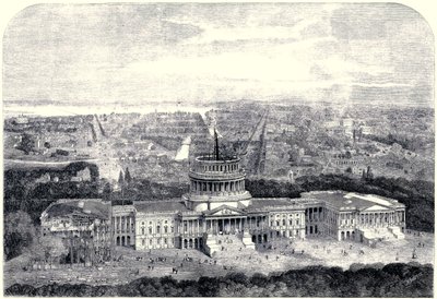 Fågelvy över staden Washington 1861, med Capitol under uppbyggnad i förgrunden [Digitalt rensad version] av English School