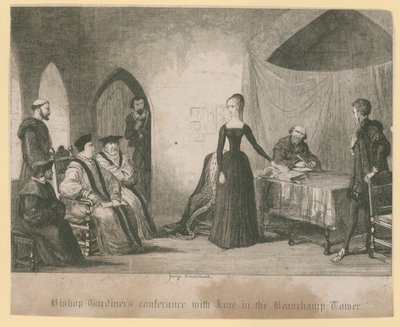 Biskop Gardiners konferens med Jane i Beauchamp Tower av English School