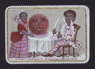 Svart par som önskar A Happy Christmas to De Farthers and Mothers (färg litho) av English School