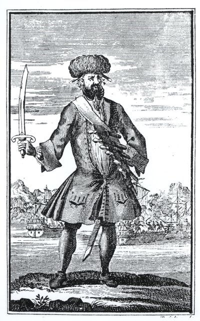 Blackbeard the Pirate, från A General History of the Robberies and Murders of the most Notorious Pyrates av kapten Charles Johnson, publicerad 1724 av English School
