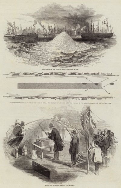 Sprängning av Whiting Shoal vid Limehouse Reach (gravyr) av English School