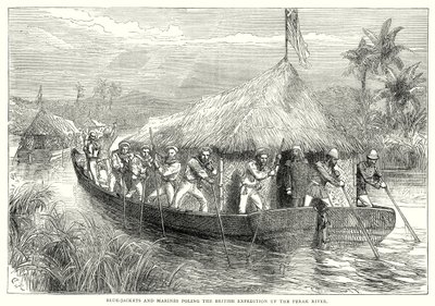 Blåjackor och marinsoldater som polerar den brittiska expeditionen uppför Perakfloden (gravyr) av English School